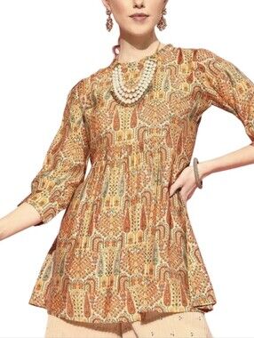 Libas Whimsical Orange Multicorored Silk Blend Patterned Top. Large.